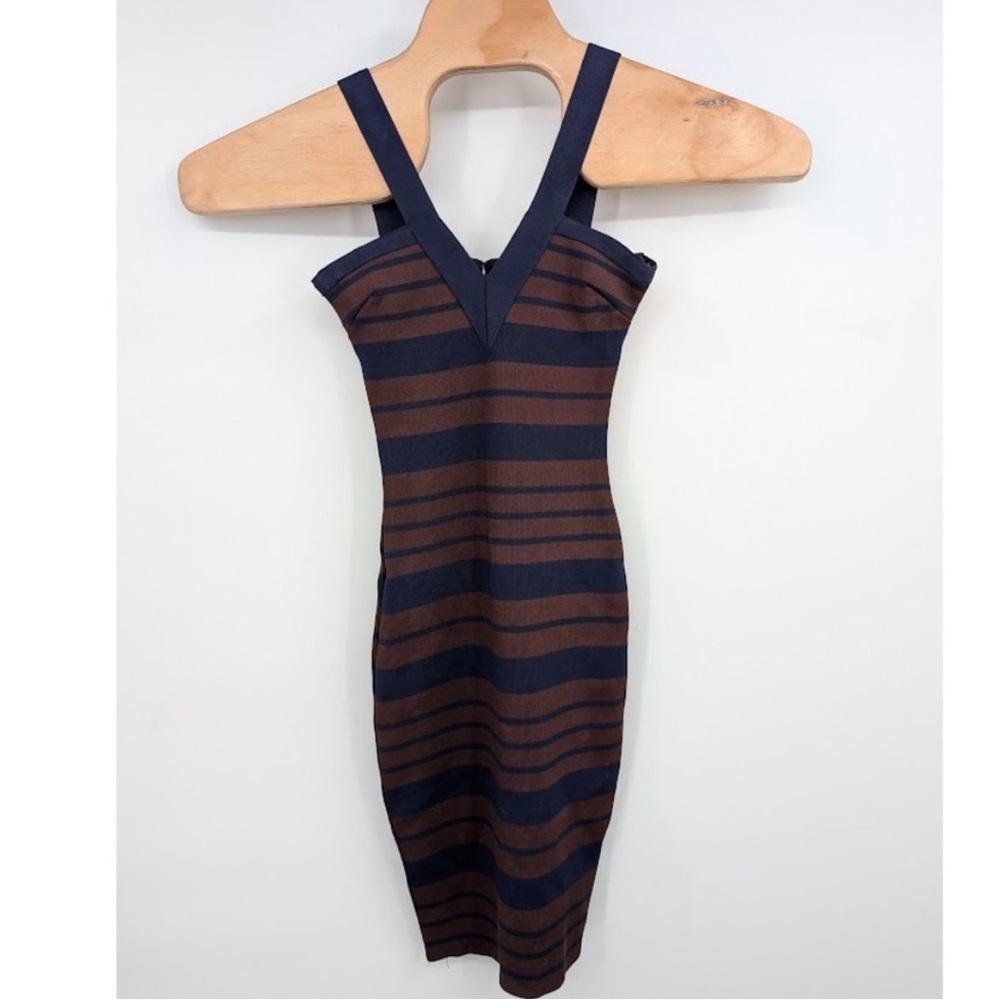 Herve Leger Paris blue + brown stripe bandage dress size large